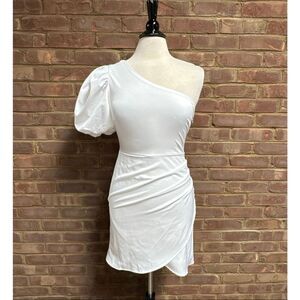 TCEC Women’s White One Shoulder Puff Sleeve Tulip Dress Sz S NEW